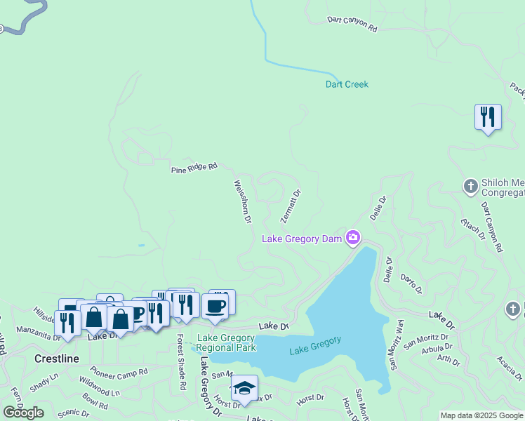 map of restaurants, bars, coffee shops, grocery stores, and more near 210 Wylerhorn Drive in Crestline