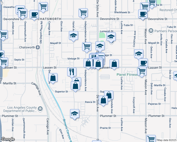 map of restaurants, bars, coffee shops, grocery stores, and more near 20950 Lassen Street in Los Angeles
