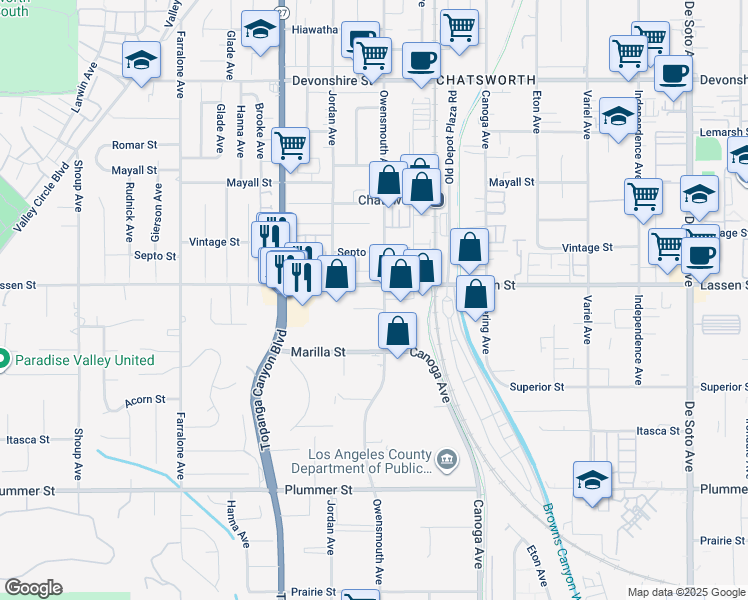 map of restaurants, bars, coffee shops, grocery stores, and more near 21710 Lassen Street in Los Angeles