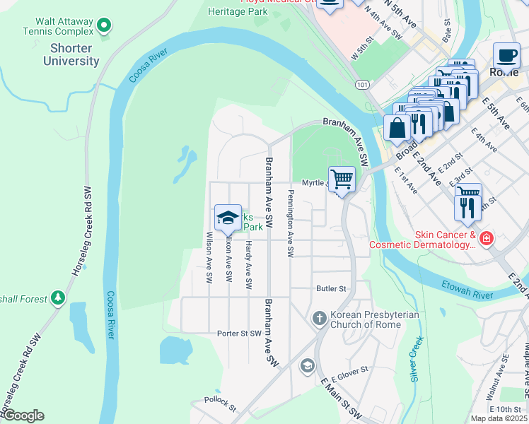 map of restaurants, bars, coffee shops, grocery stores, and more near 316 Branham Avenue Southwest in Rome