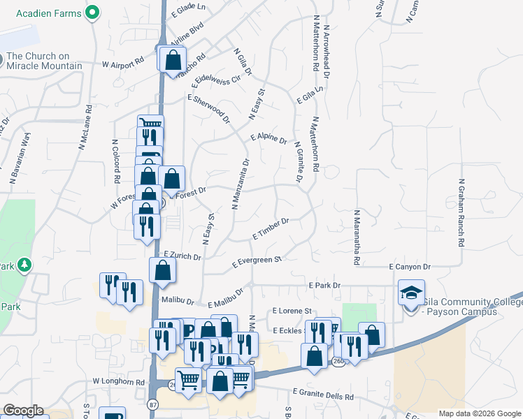map of restaurants, bars, coffee shops, grocery stores, and more near 701 North Luzern Circle in Payson