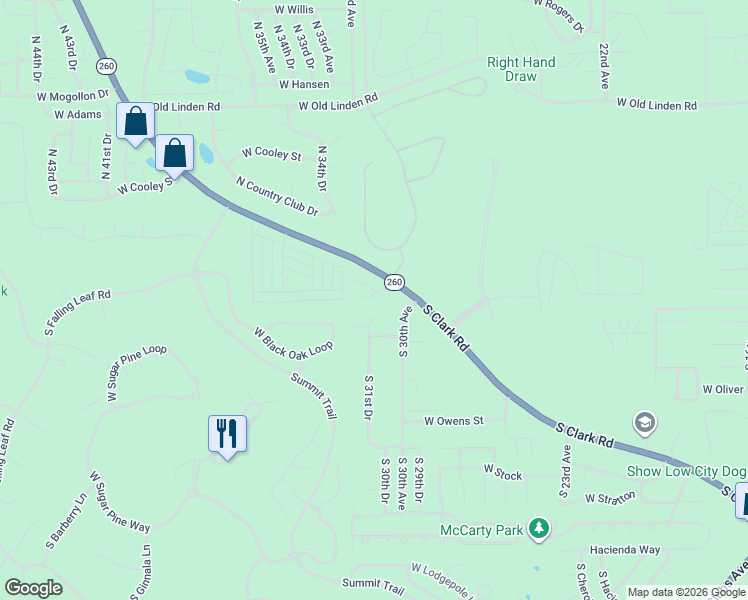 map of restaurants, bars, coffee shops, grocery stores, and more near 3061 West Simon Circle in Show Low