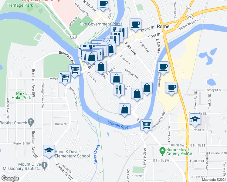 map of restaurants, bars, coffee shops, grocery stores, and more near 310 East 2nd Avenue in Rome