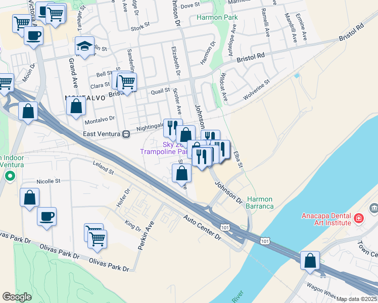 map of restaurants, bars, coffee shops, grocery stores, and more near 2790 Sherwin Avenue in Ventura