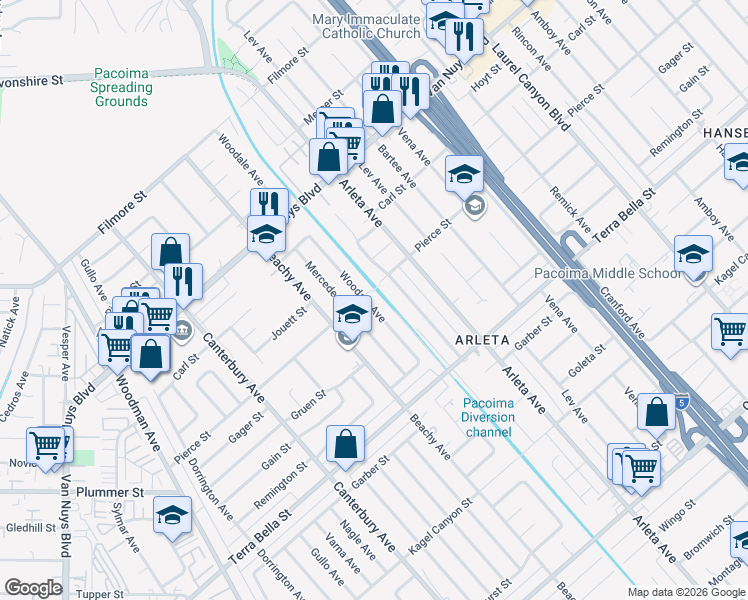 map of restaurants, bars, coffee shops, grocery stores, and more near 9832 Woodale Avenue in Los Angeles