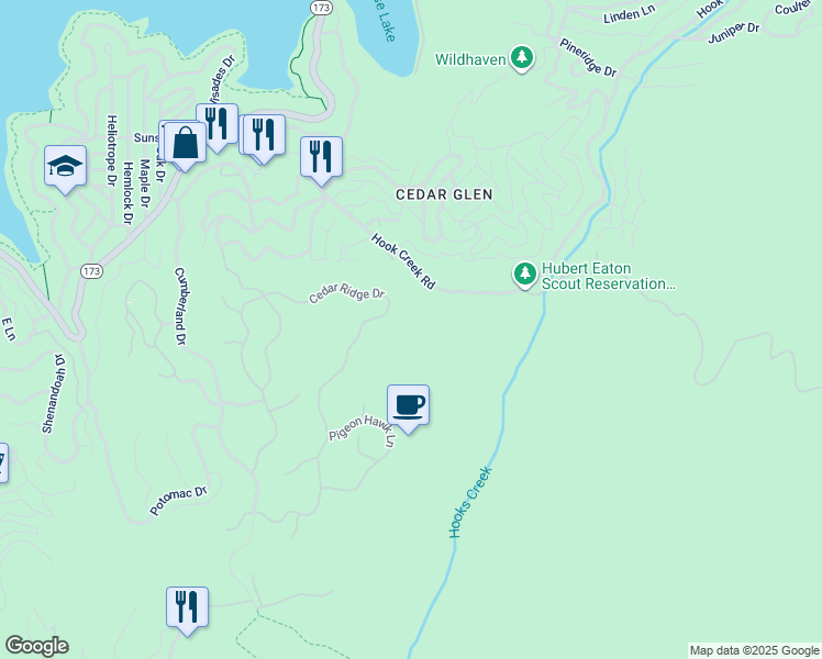 map of restaurants, bars, coffee shops, grocery stores, and more near Hook Creek Road in Lake Arrowhead