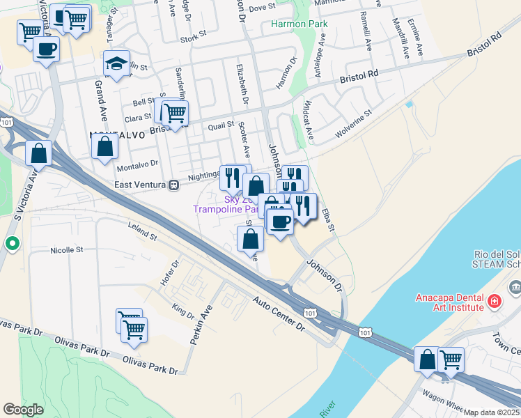 map of restaurants, bars, coffee shops, grocery stores, and more near 2790 Sherwin Avenue in Ventura