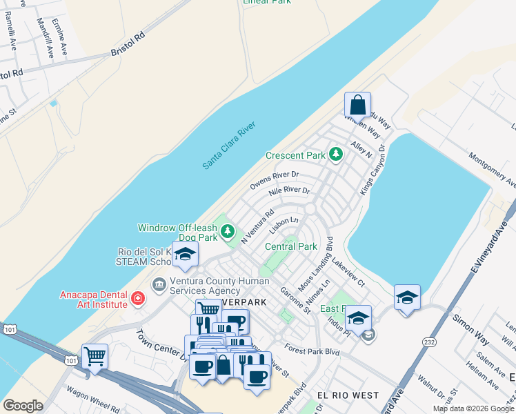 map of restaurants, bars, coffee shops, grocery stores, and more near 732 Nile River Drive in Oxnard