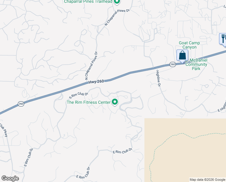 map of restaurants, bars, coffee shops, grocery stores, and more near East Rim Club Drive in Payson
