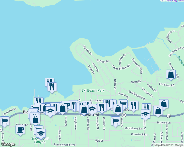 map of restaurants, bars, coffee shops, grocery stores, and more near 158 Eagle Drive in Big Bear Lake