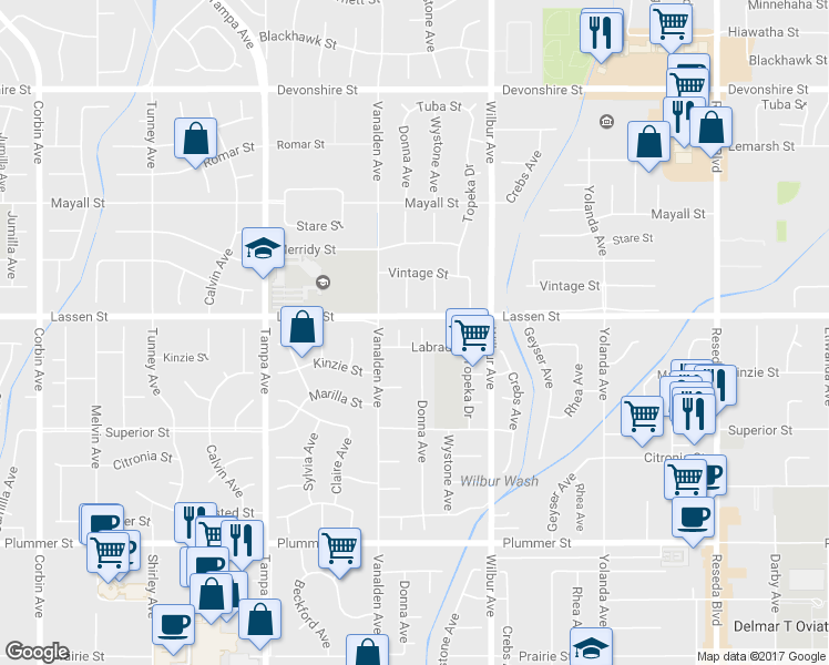 map of restaurants, bars, coffee shops, grocery stores, and more near 9841 Donna Avenue in Los Angeles