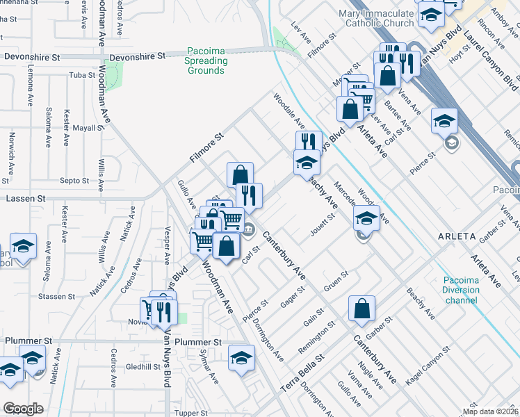 map of restaurants, bars, coffee shops, grocery stores, and more near 14298 Van Nuys Boulevard in Los Angeles