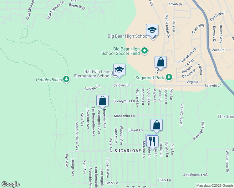 map of restaurants, bars, coffee shops, grocery stores, and more near 153 Sunset Lane in Big Bear