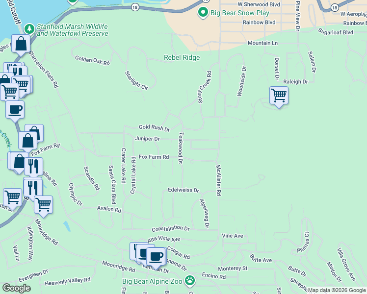 map of restaurants, bars, coffee shops, grocery stores, and more near 147 Teakwood Drive in Big Bear Lake