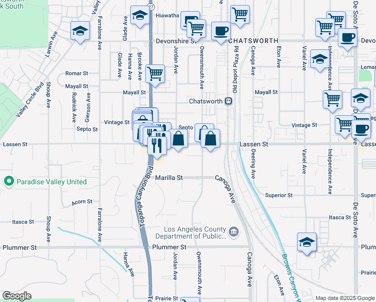 map of restaurants, bars, coffee shops, grocery stores, and more near 21726 Lassen Street in Los Angeles