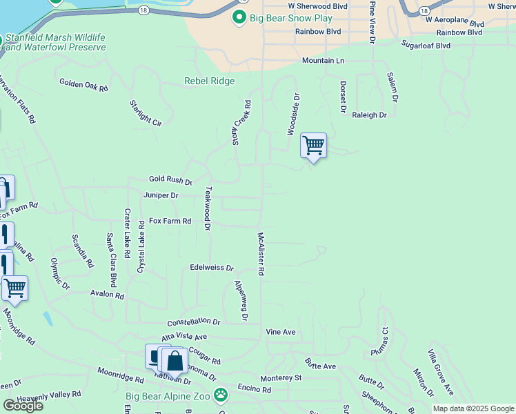 map of restaurants, bars, coffee shops, grocery stores, and more near 1201 Redwood Drive in Big Bear