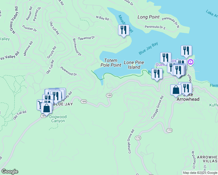 map of restaurants, bars, coffee shops, grocery stores, and more near 144 Rocky Point Road in Lake Arrowhead