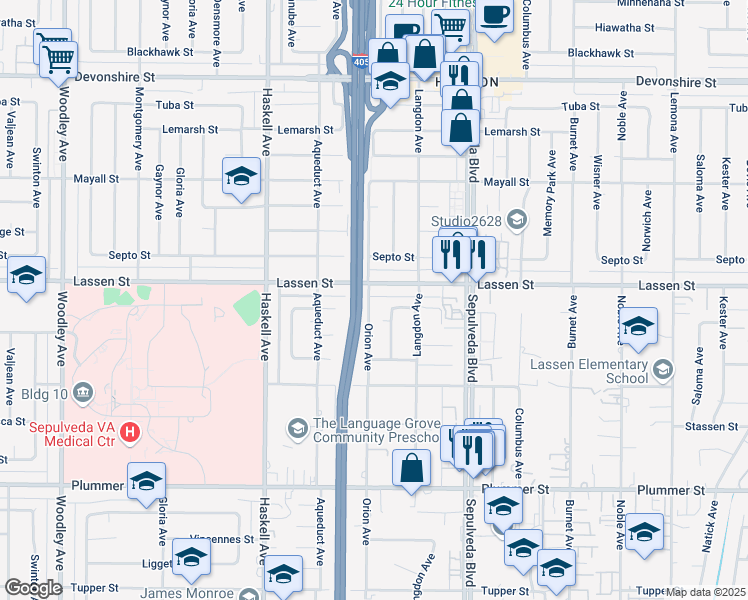 map of restaurants, bars, coffee shops, grocery stores, and more near 9844 Orion Avenue in Los Angeles