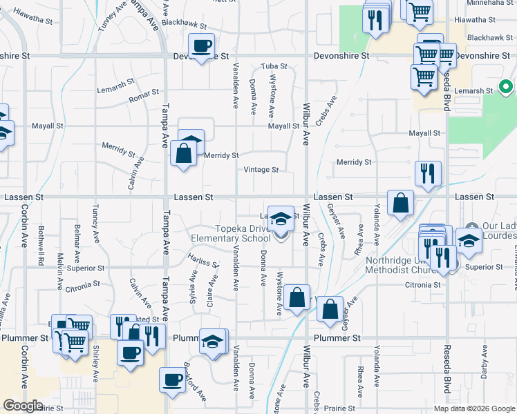 map of restaurants, bars, coffee shops, grocery stores, and more near 9841 Donna Avenue in Los Angeles