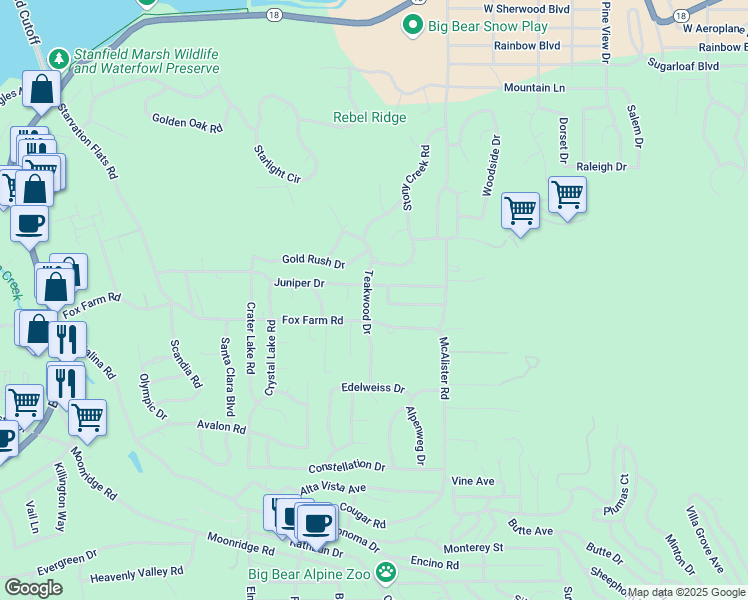 map of restaurants, bars, coffee shops, grocery stores, and more near 147 Teakwood Drive in Big Bear Lake