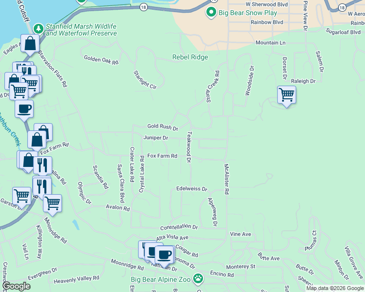 map of restaurants, bars, coffee shops, grocery stores, and more near 145 Pinon Place in Big Bear Lake
