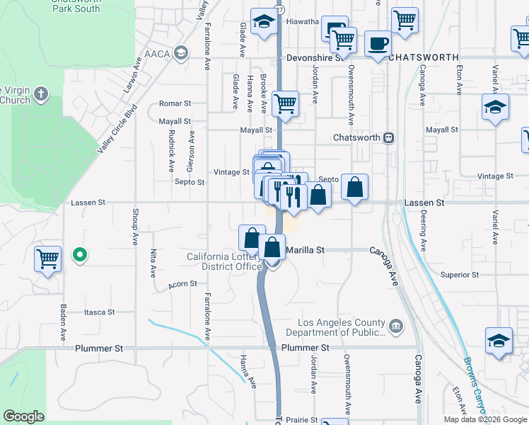 map of restaurants, bars, coffee shops, grocery stores, and more near 9852 Topanga Canyon Boulevard in Los Angeles