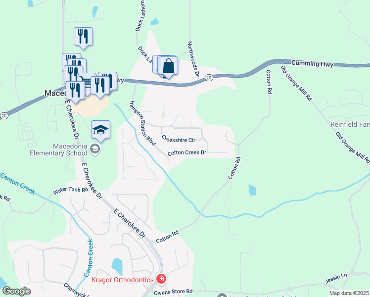 map of restaurants, bars, coffee shops, grocery stores, and more near 813 Cotton Creek Drive in Canton