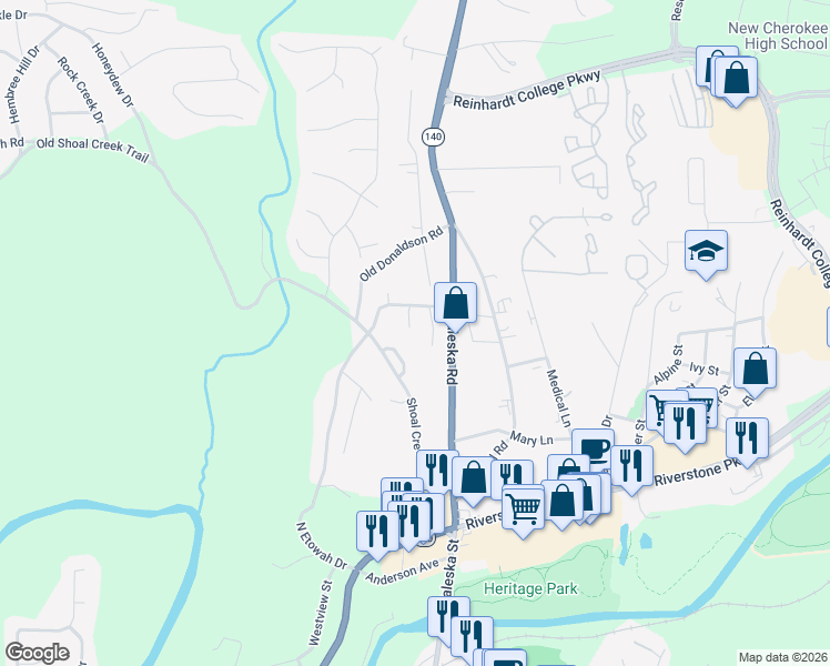 map of restaurants, bars, coffee shops, grocery stores, and more near 109 North Etowah Lane in Canton