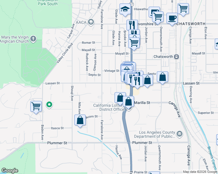 map of restaurants, bars, coffee shops, grocery stores, and more near 9849 Nevada Avenue in Los Angeles