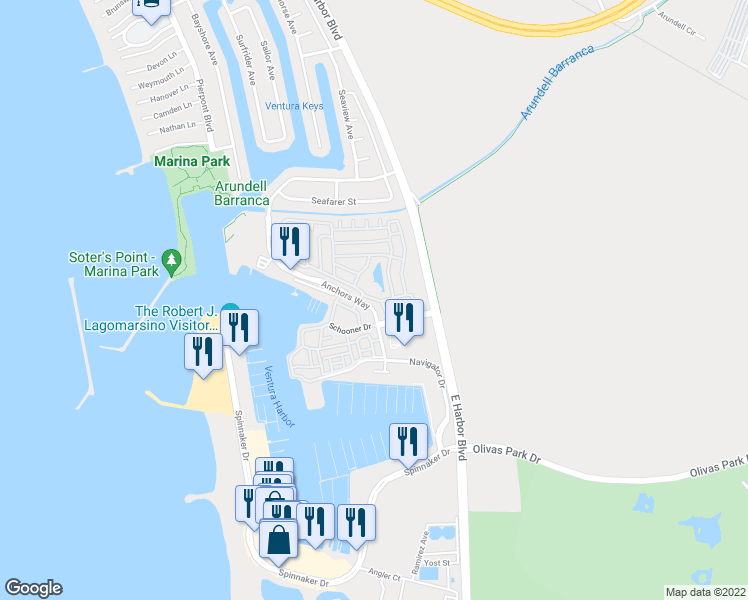 map of restaurants, bars, coffee shops, grocery stores, and more near 3 Ventura Marina Mobile Home Park in Ventura