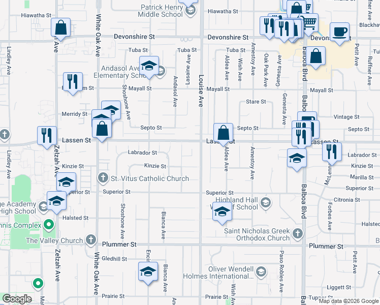map of restaurants, bars, coffee shops, grocery stores, and more near 17331 Labrador Street in Los Angeles