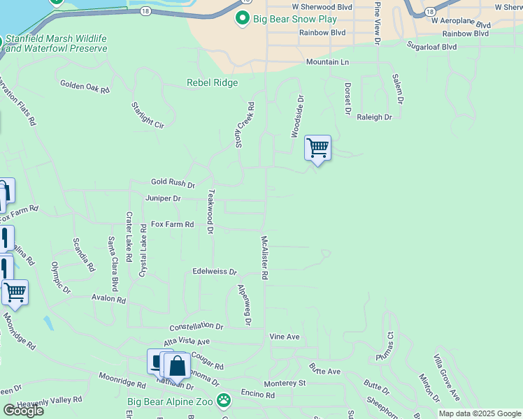 map of restaurants, bars, coffee shops, grocery stores, and more near 1201 Redwood Drive in Big Bear