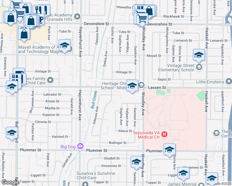 map of restaurants, bars, coffee shops, grocery stores, and more near 16345 Labrador Street in Los Angeles