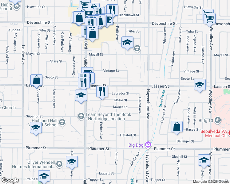 map of restaurants, bars, coffee shops, grocery stores, and more near 9832 Whitaker Avenue in Los Angeles