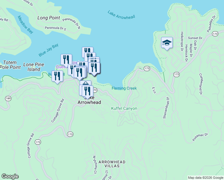 map of restaurants, bars, coffee shops, grocery stores, and more near 231 Blue Lake Road in Lake Arrowhead