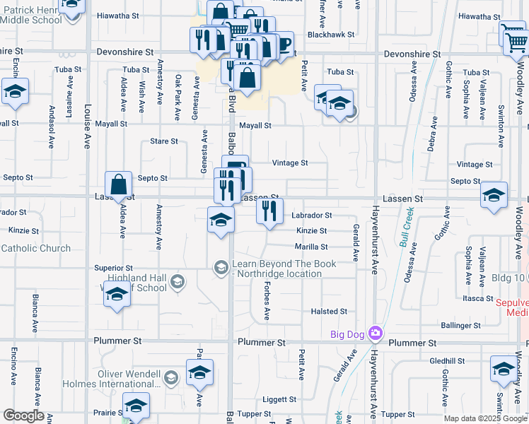 map of restaurants, bars, coffee shops, grocery stores, and more near 16900 Labrador Street in Los Angeles