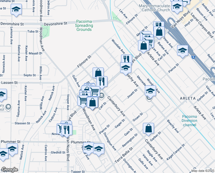 map of restaurants, bars, coffee shops, grocery stores, and more near 14282 Van Nuys Boulevard in Los Angeles