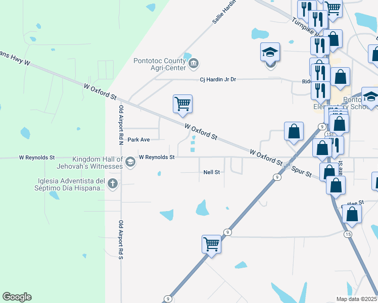 map of restaurants, bars, coffee shops, grocery stores, and more near 454 West Reynolds Street in Pontotoc