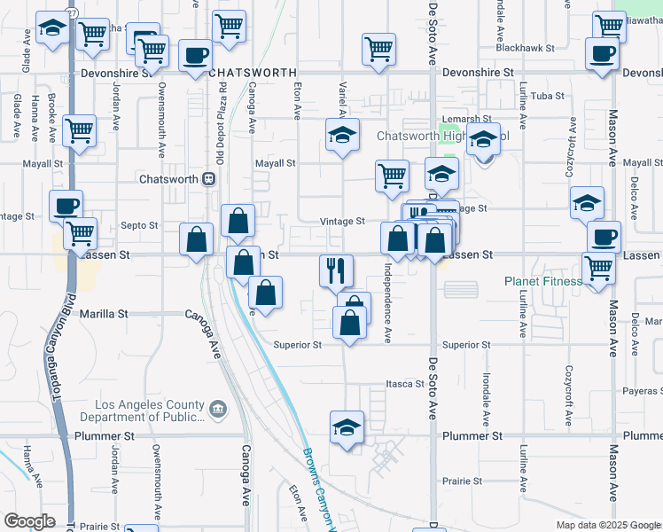 map of restaurants, bars, coffee shops, grocery stores, and more near 21100 Lassen Street in Los Angeles