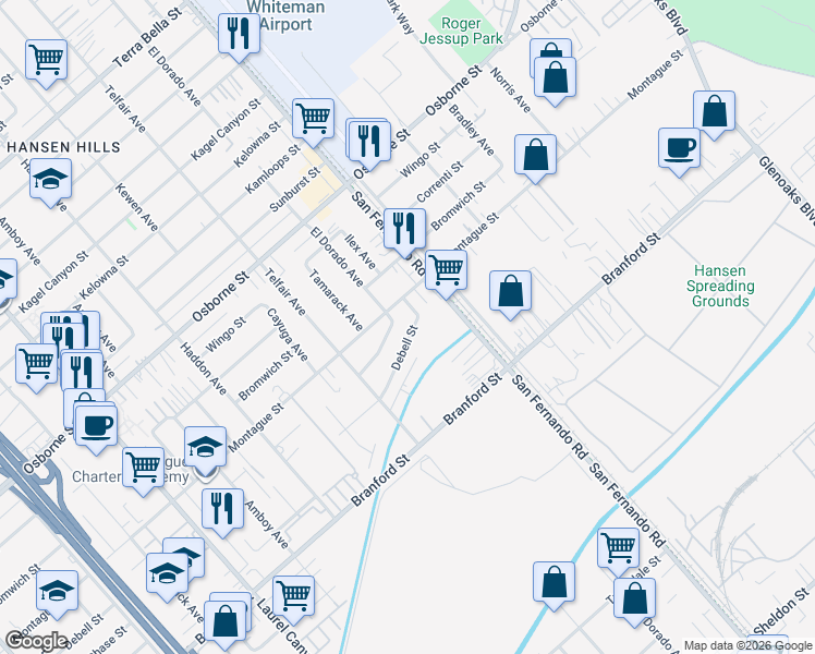 map of restaurants, bars, coffee shops, grocery stores, and more near 12553 Debell Street in Los Angeles