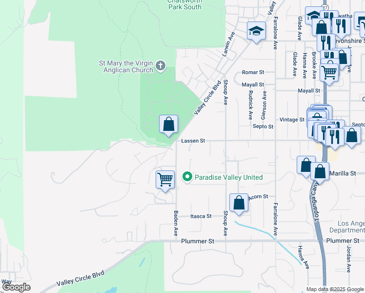 map of restaurants, bars, coffee shops, grocery stores, and more near 22546 Lassen Street in Los Angeles