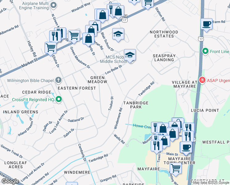 map of restaurants, bars, coffee shops, grocery stores, and more near 334-398 Spartan Road in Wilmington