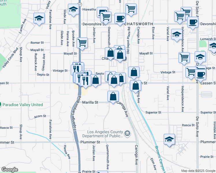 map of restaurants, bars, coffee shops, grocery stores, and more near 21710 Lassen Street in Los Angeles