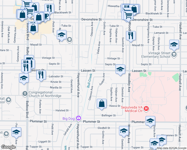 map of restaurants, bars, coffee shops, grocery stores, and more near 16447 Labrador Street in Los Angeles