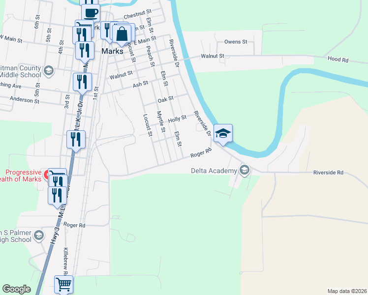 map of restaurants, bars, coffee shops, grocery stores, and more near 1050 Elm Street in Marks