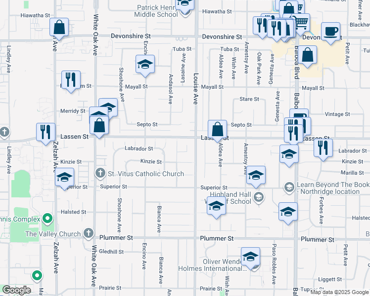 map of restaurants, bars, coffee shops, grocery stores, and more near 17331 Labrador Street in Los Angeles
