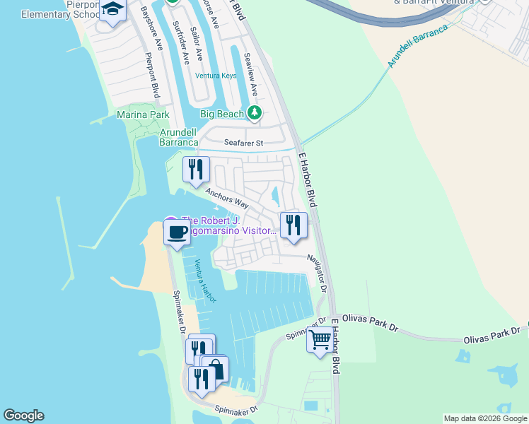 map of restaurants, bars, coffee shops, grocery stores, and more near 1215 Anchors Way Drive in Ventura
