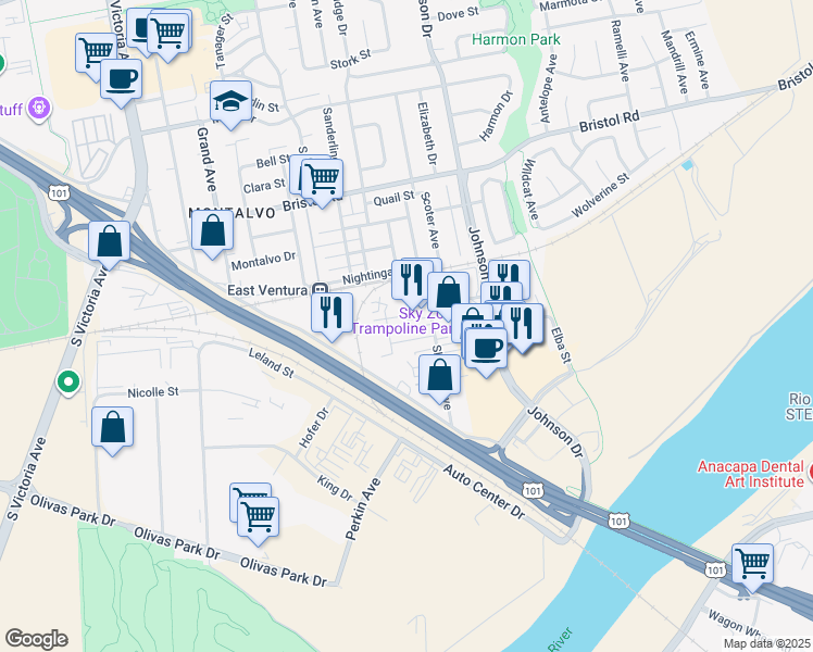 map of restaurants, bars, coffee shops, grocery stores, and more near 2747 Sherwin Avenue in Ventura
