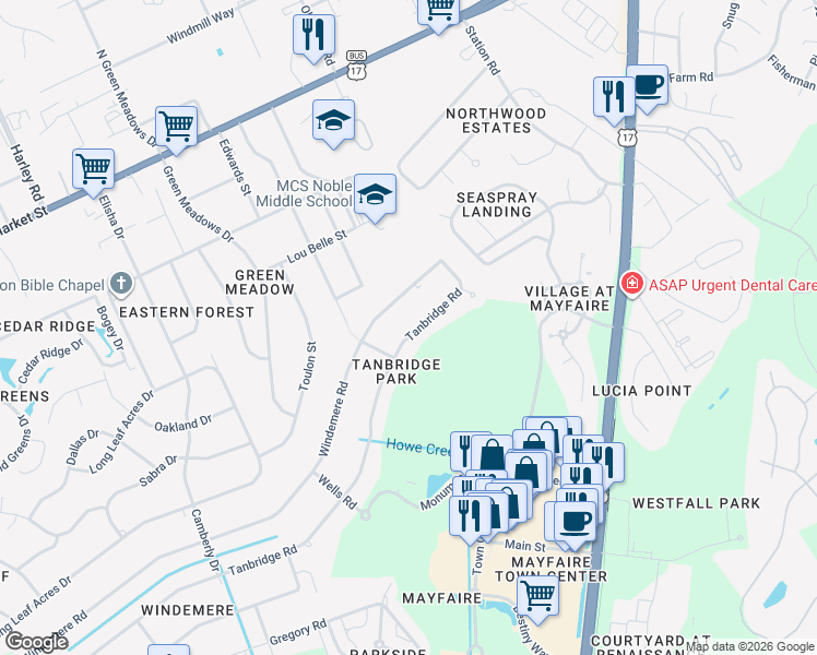 map of restaurants, bars, coffee shops, grocery stores, and more near 621 Tanbridge Road in Wilmington
