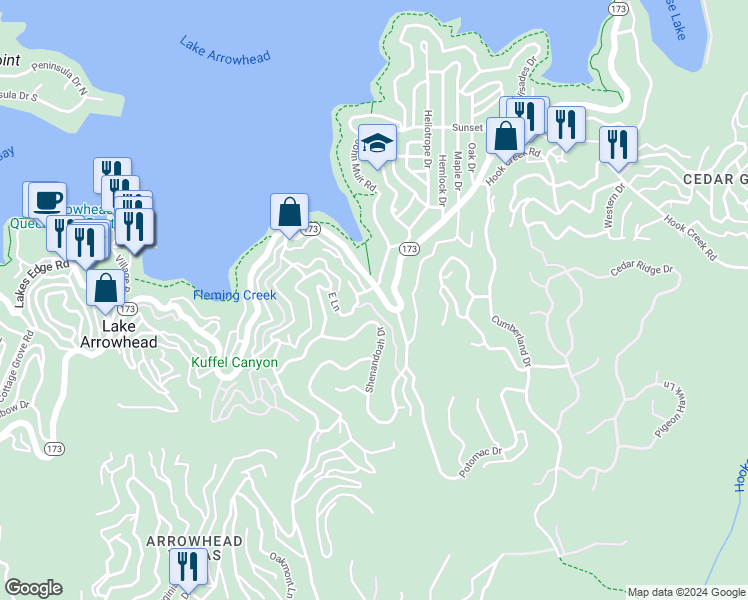 map of restaurants, bars, coffee shops, grocery stores, and more near 147 California 173 in Lake Arrowhead